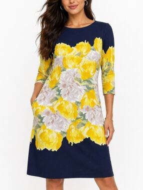 Charter Club Petite Navy & Yellow Floral Shift Dress (Petite :Large)